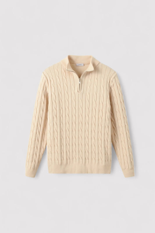 A cream knit cardigan and chunky cable knit sweater for men