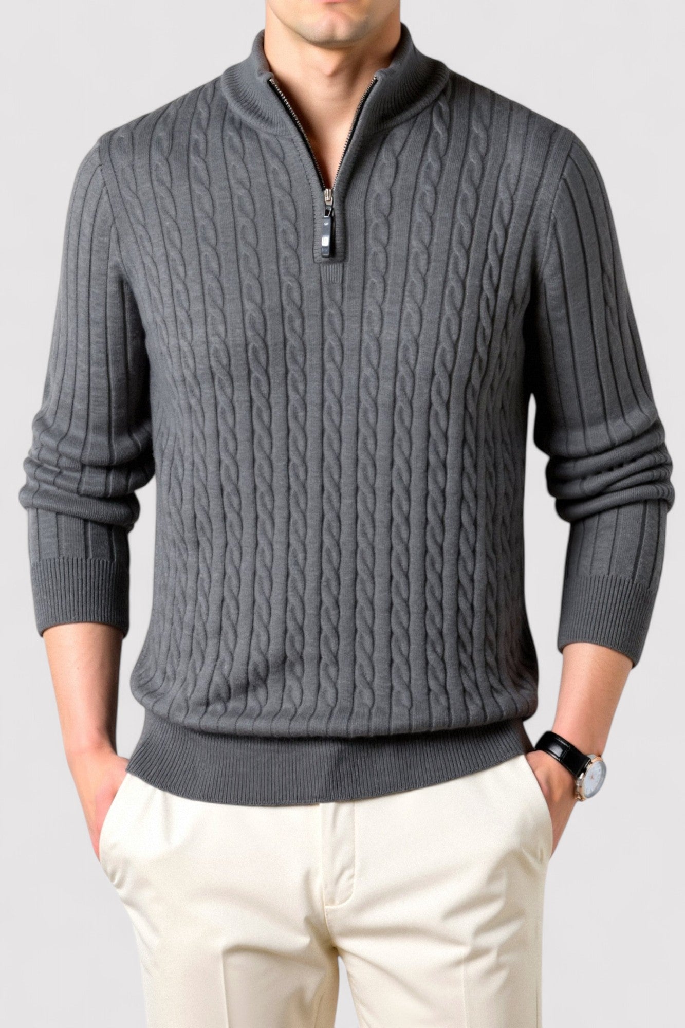 RegalWear | Men's Elegant Cable Knit Zip Sweater