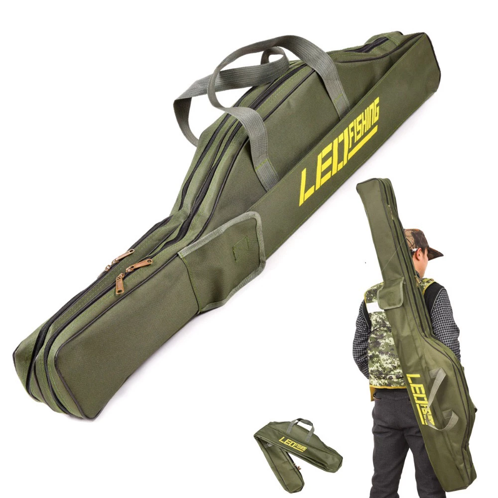 A durable fishing rod bag with ample storage for rods, tackle, and fishing gear