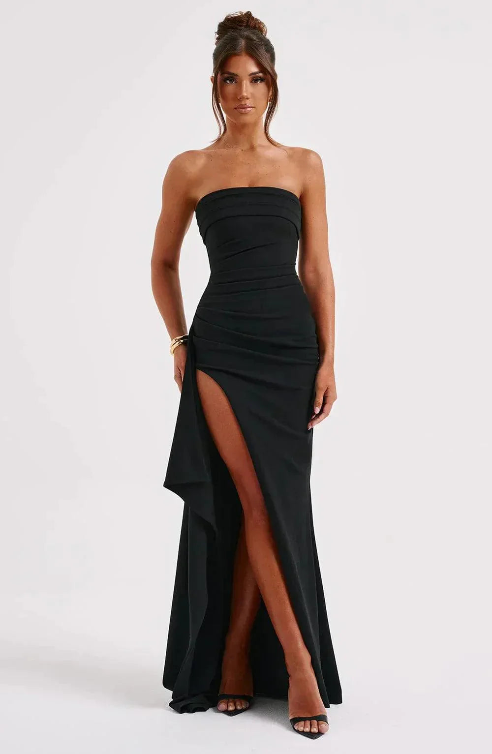 Elegant formal women's evening dress with a high slit, ideal for wedding guest occasions