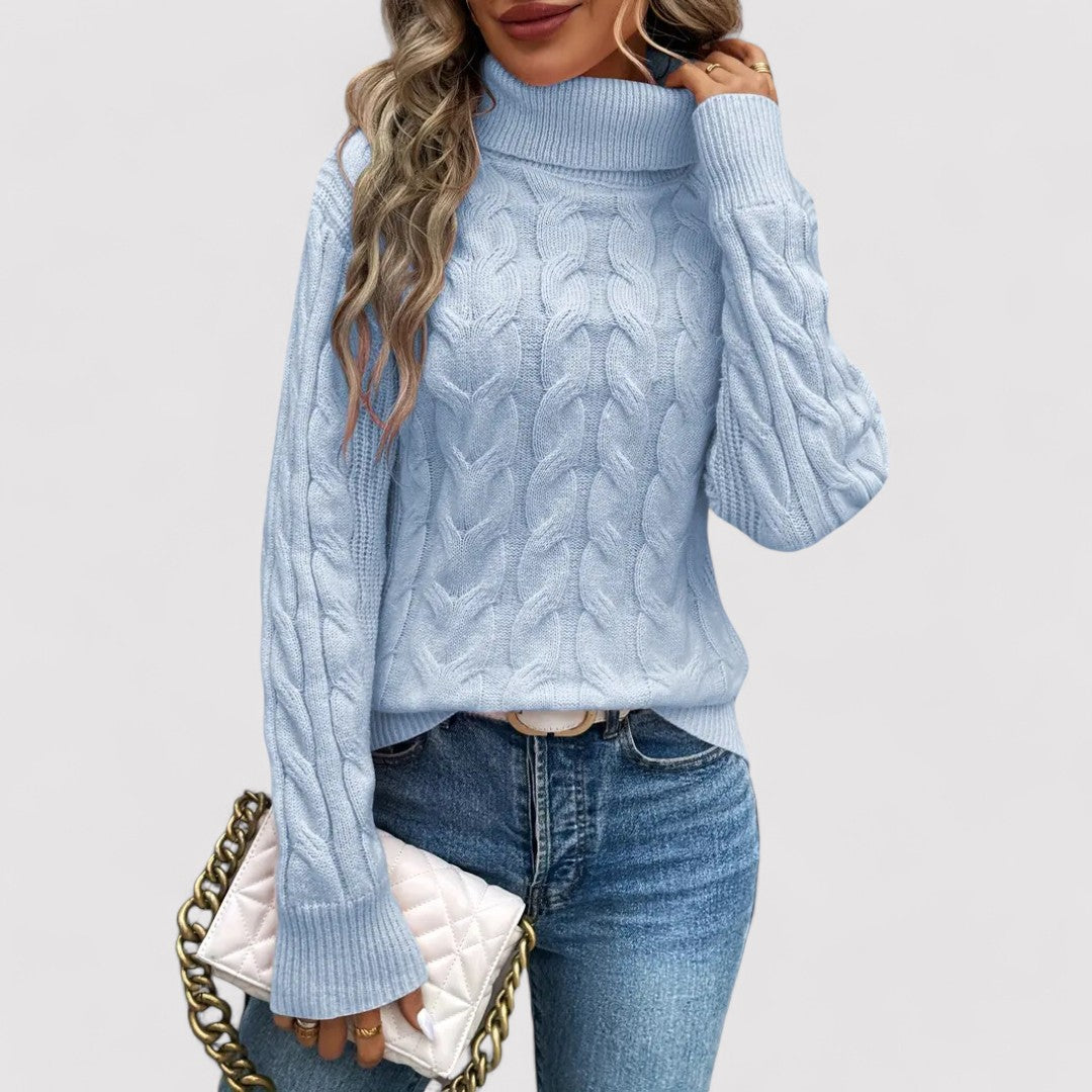 Turtleneck black cable knit sweater for autumn fashion