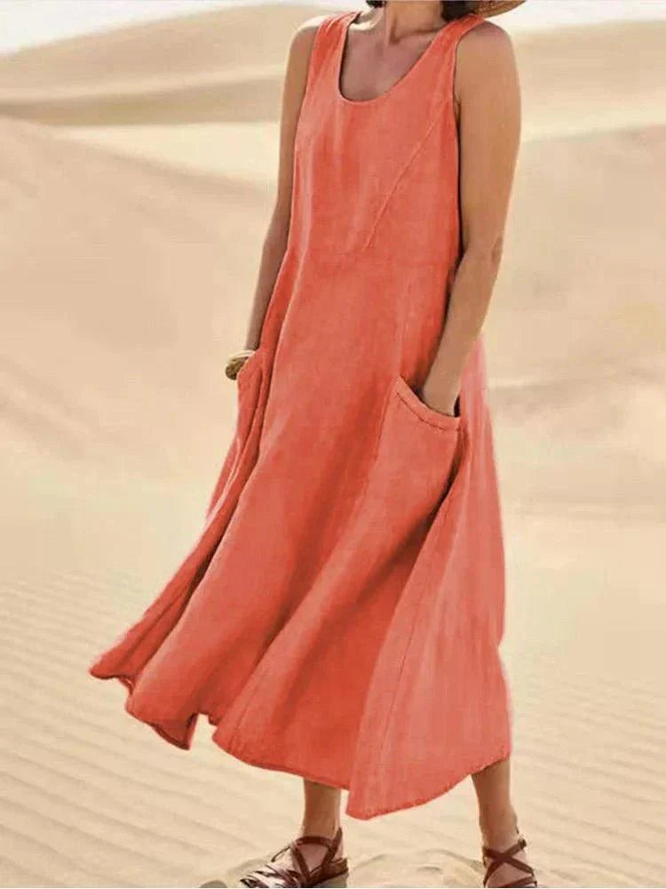 Versatile linen casual maxi dress with pockets for summer outings