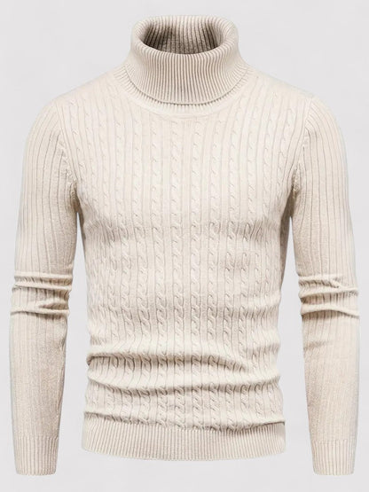 Men's turtleneck jumper in cable knit fabric showcasing stylish warmth