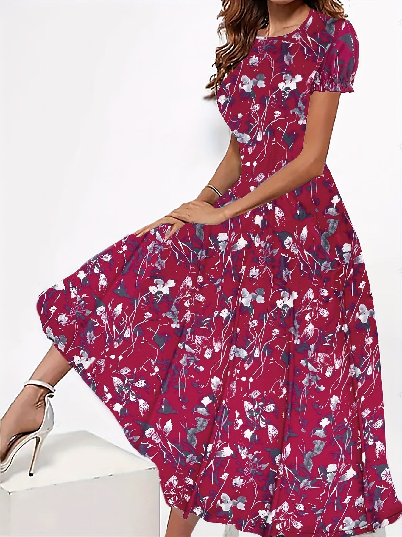 ElaraGrace Women's Maxi Dress with Floral Design and Short Sleeves