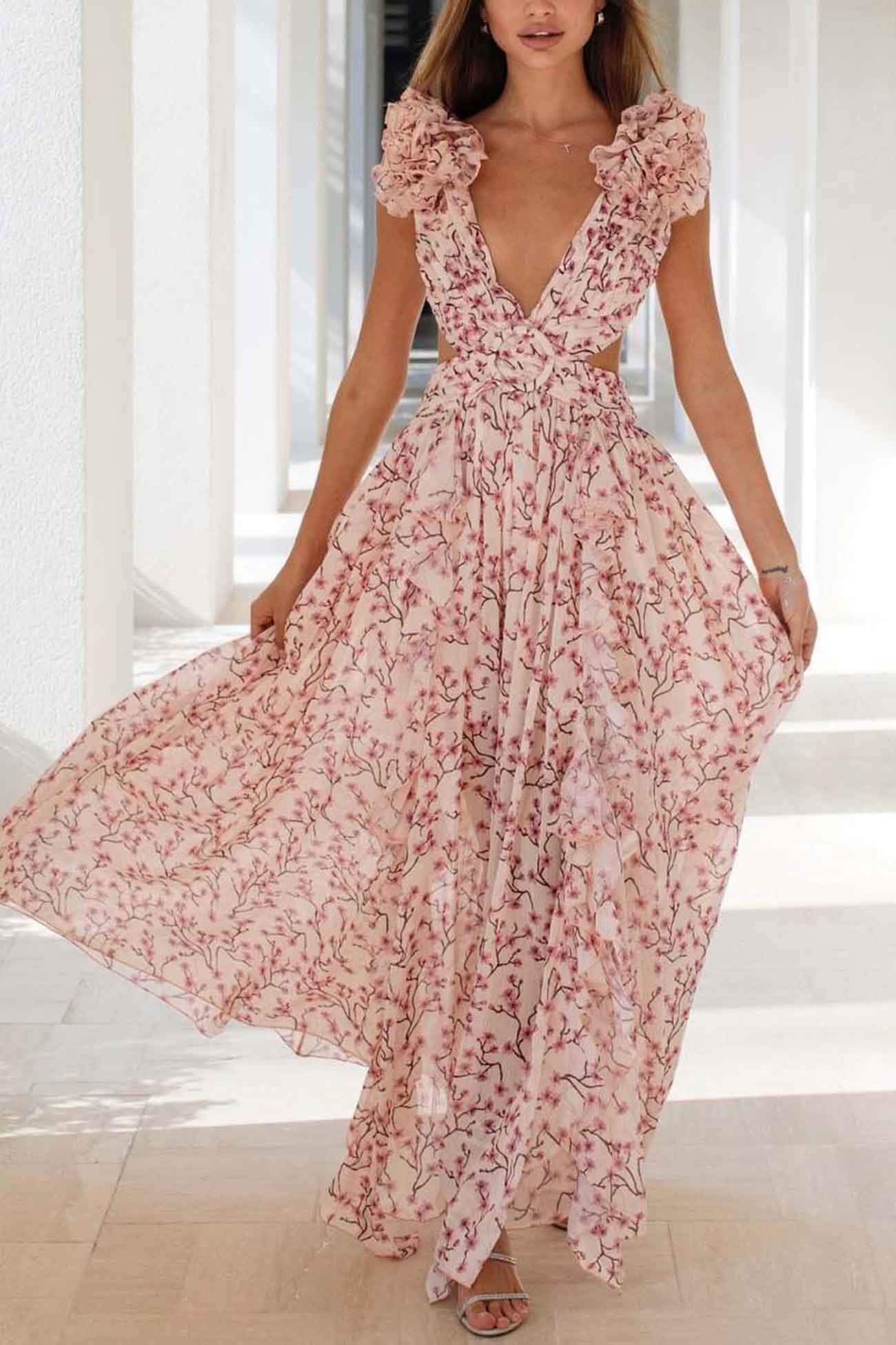 BellaPetal Exquisite Floral V-Neck Backless Maxi Dress with Slit
