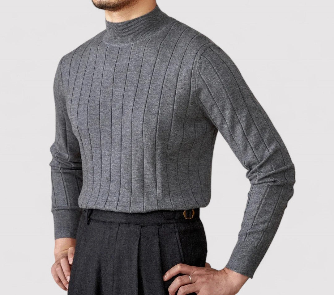 Men's black turtleneck sweater with roll neck design