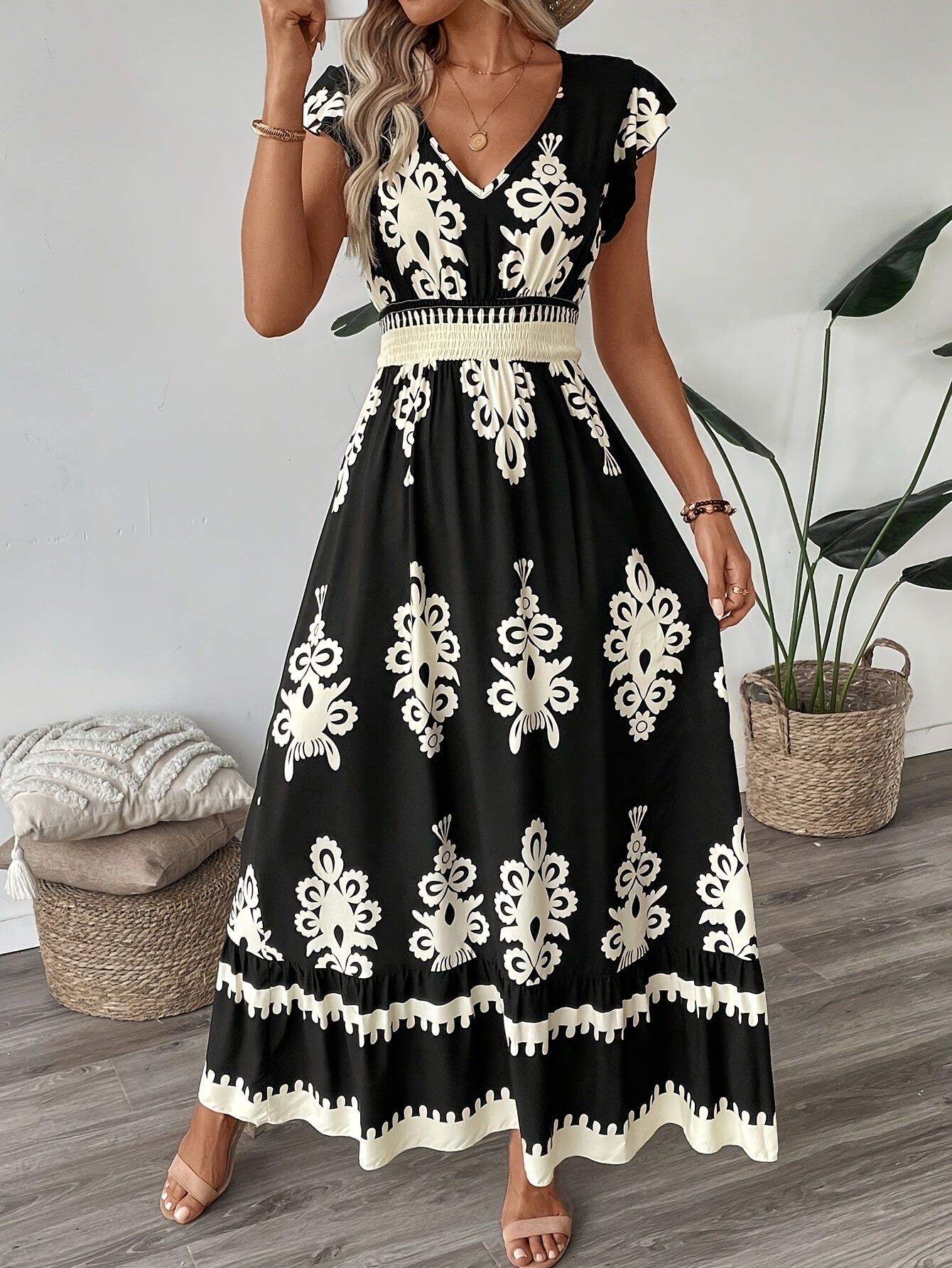 Bohemian dress with V neck and cap sleeves