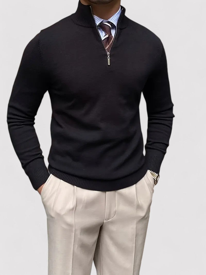 A versatile knitted sweater featuring a zip design made from chunky wool