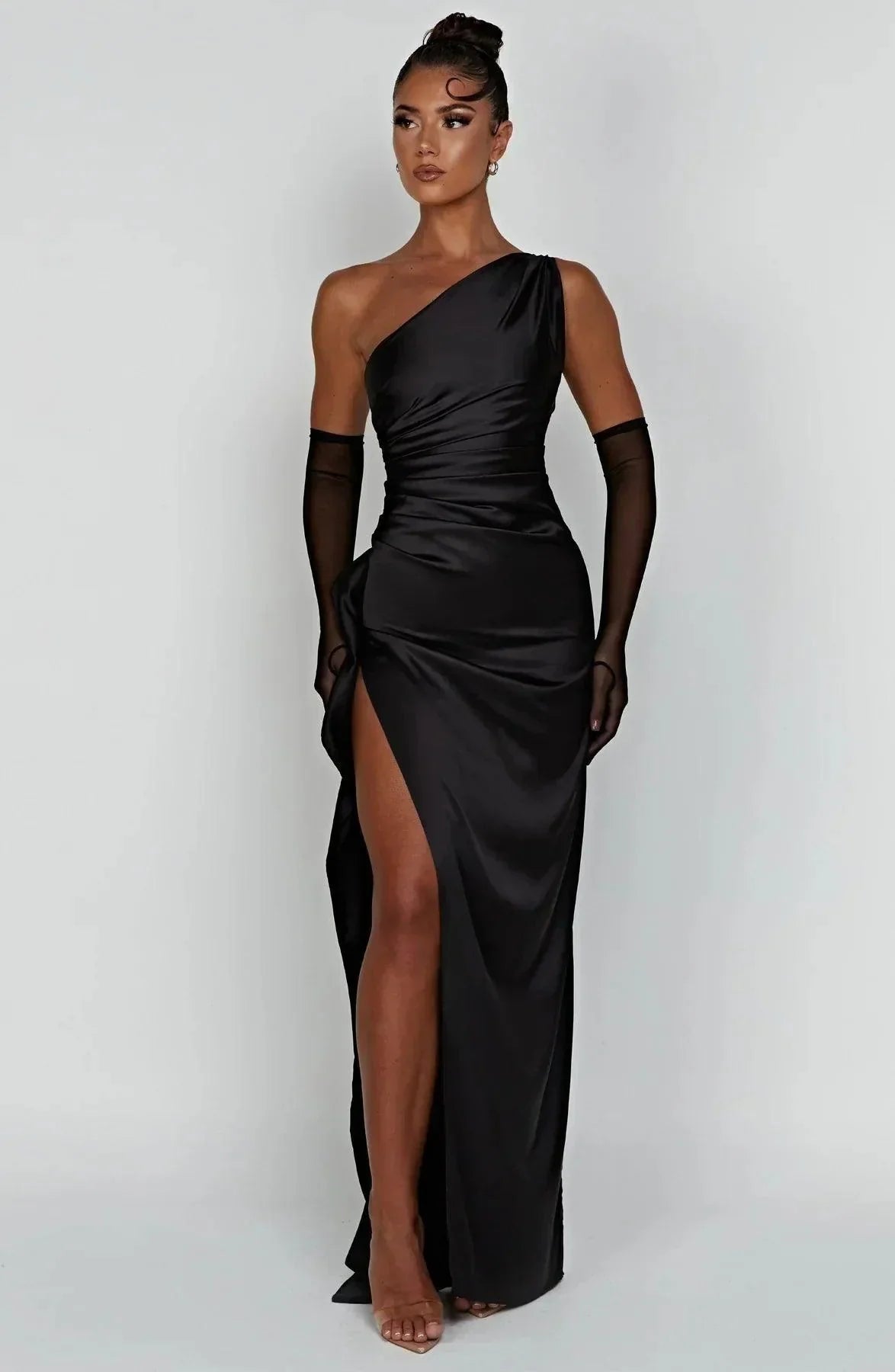 An elegant satin maxi formal evening dress in black for special occasions