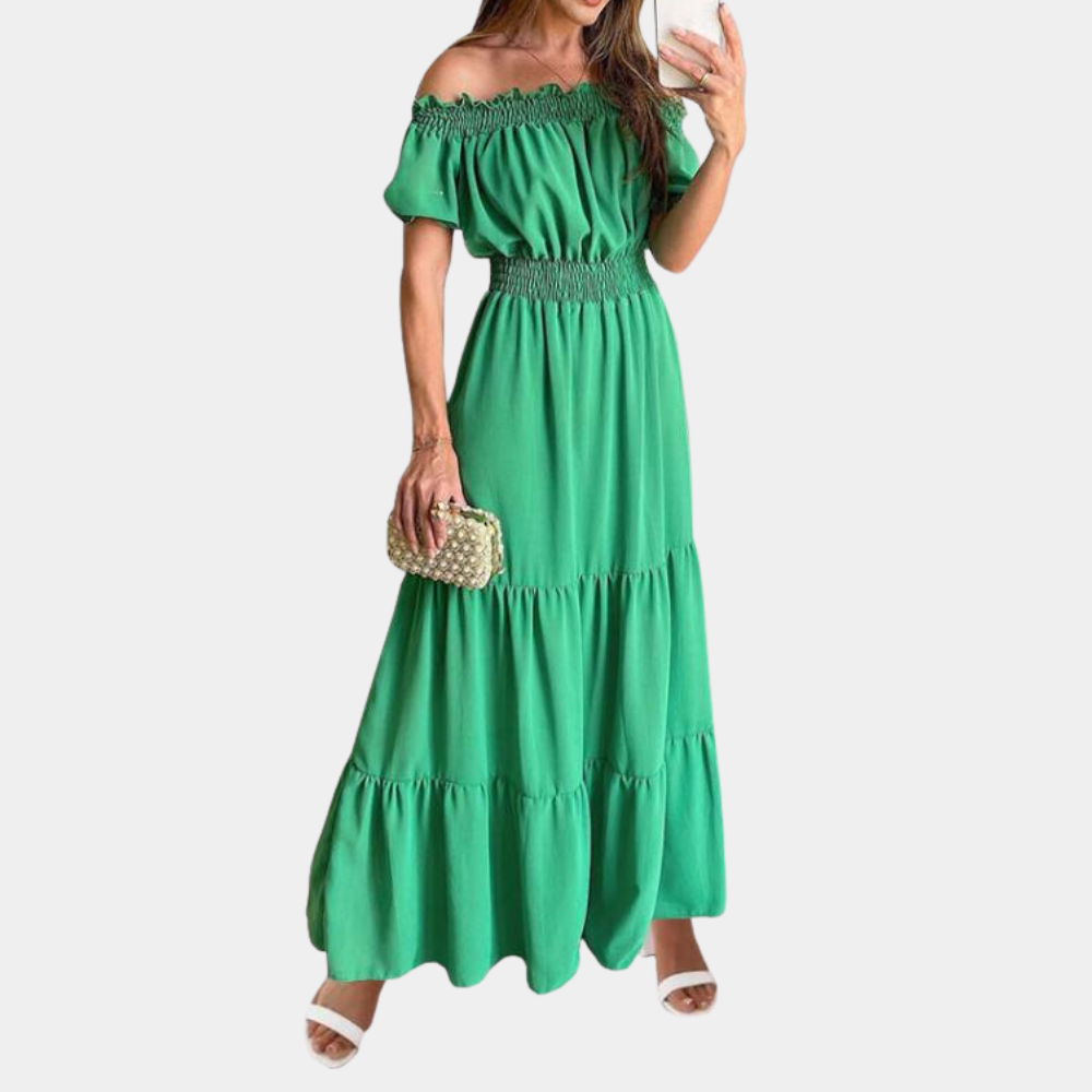 Off shoulder elegant summer maxi dress in an evening wear setting