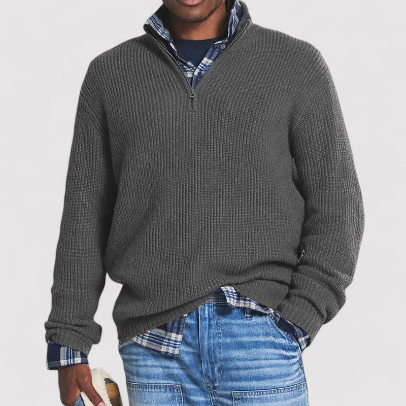 Men's half zip sweater featuring designer knitwear style